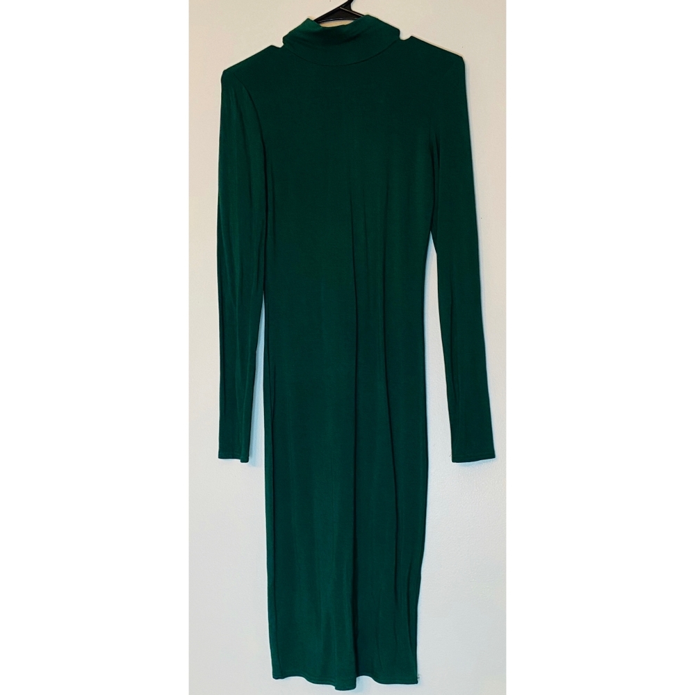 Long sleeve fitted green dress with zipper back.